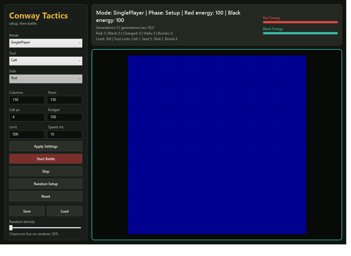 Conway Tactics desktop game with its cellular-automata board and game controls