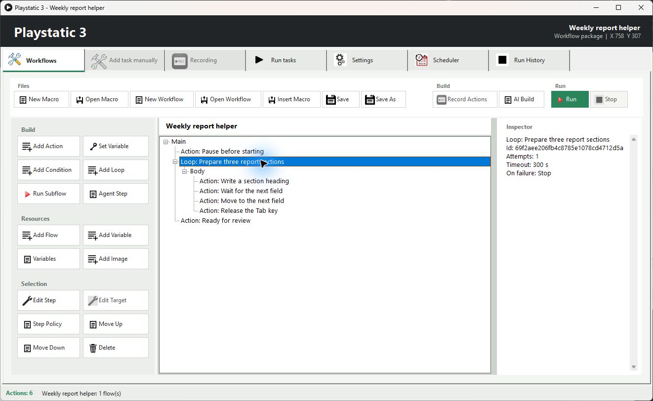 Playstatic 3 workflow editor with a nested sequence of automation steps